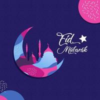 Eid Mubarak Design Banner Crescent Moon and Mosque Flat Full Color vector