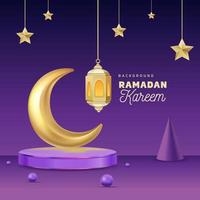 Ramadan Banner Background Design Gold Crescent Moon with Gold Lantern on a Podium Stage vector