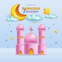 Ramadan Kareem Design Banner with Candy Color Style Mosque and Crescent Moon Vector Illustration