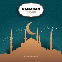 Ramadán kareem mezquita papel cortar estilo oro y verde color bandera diseño vector