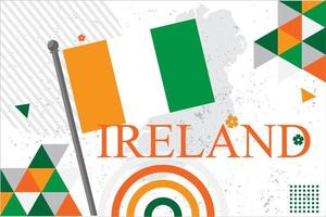 Irlanda nacional día bandera con irlandesa bandera colores tema antecedentes y geométrico resumen retro moderno verde orang blanco diseño. irlandesa arpa y mapa icono, celebracion de S t patrick's día vector