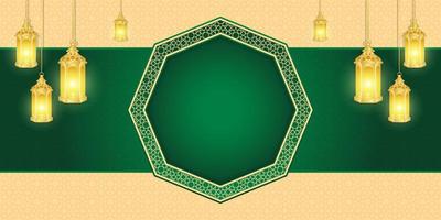 Islamic background for Ramadan Kareem and eid mubarak 2023. Golden and green, with lantern, islamic ornament pattern vector