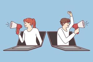 People with megaphones screaming about promotion or discount deal from laptops. Man and woman with loudspeakers promote sale or campaign. Vector illustration.