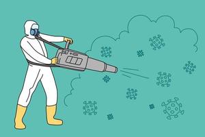 Man worker in protective suit disinfect surroundings from infection. Male employee in uniform involved in disinfection. Epidemic virus killing. Vector illustration.