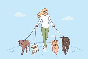 Smiling young woman with dogs on leashes walking in park. Happy girl pet walker with domestic animals outside. Vector illustration.