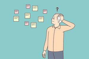 Elderly man making notes suffering from memory loss. Old grandfather use memo stickers struggling with Alzheimer or dementia. Health problems concept. Vector illustration.