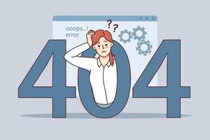 Confused woman experience 404 error on computer. Frustrated unhappy female employee have mistake message on gadget. Page not found. Vector illustration.