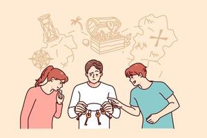 People with keys try to find treasure. Men and women looking for business solution, brainstorm together. Teamwork concept. Vector illustration.