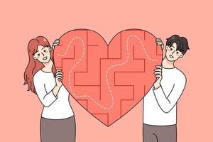 contento joven Pareja con corazón símbolo con laberinto dentro buscar amor. sonriente hombre y mujer Mira para relaciones Fechado solicitud y servicio. plano vector ilustración.