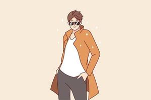 Portrait of stylish handsome young man in fashionable clothes and sunglasses posing. Smiling guy model wearing designer garment. Fashion and style. Vector illustration.