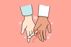 Multiracial couple hands tied with red thread as symbol of bonding and connection. Linked multiethnic man and woman show love and affection. Nonverbal communication. Vector illustration.