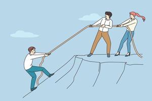 Diverse employees throw rope help colleague climb up hill. Coworkers help person showing support and unity. Concept of teamwork and collaboration at workplace. Vector illustration.