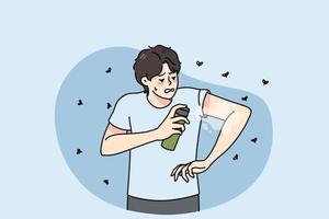 ansioso joven hombre aplicar anti Mosquito rociar en cuerpo dificil desde picaduras en verano día. chico utilizar insecto repelente mantener mosquitos lejos. plano vector ilustración.