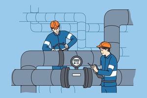 Male workers in uniform inspect and maintain water tubes and pipes. Mechanics control pipeline work, use measuring tools and equipment. Flat vector illustration.