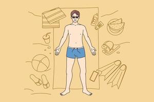 Top view of happy young man in swimwear lying on towel on beach enjoying summer vacations. Smiling guy relax on seaside during summertime holidays. Travel and tourism. Vector illustration.