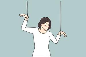 Woman with hands on threads being marionette in someone hands. Female puppet in controlling and manipulating relations. Abuse and manipulation. Vector illustration.