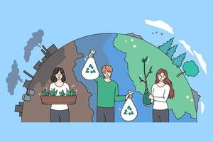 sonriente diverso voluntarios limpiar planeta desde contaminación y residuos tomar cuidado de ambiental sistema. cuidando personas activistas salvar mundo y tierra. ambiente y ecología. vector ilustración.