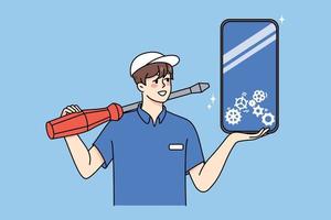 Smiling man with huge tools repair smartphone in mobile client center or shop. Male engineer fix smartphone, install or download program. Gadgets and technology. Vector illustration.