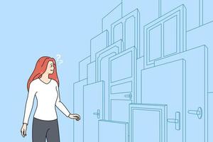 Confused woman in front of numerous doors find right solution or option. Frustrated female make life choice, finding correct path or way. Right and wrong decision. Vector illustration.