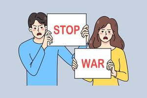 Angry people with banners protest against war and invasion. Determined mad activists with signs in hands on demonstration or riot fight for peace. Flat vector illustration.