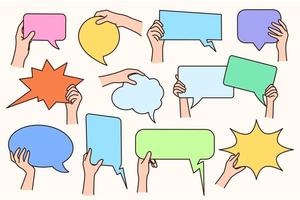 Collection of people hands holding diverse forms speech bubbles for advertising. Set of human with talk balloons for ads. Mockup and copy space. Flat vector illustration.