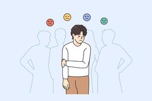 Sad guy feel lonely and uncomfortable in society. Unhappy young man suffer from solitude and loneliness in crowd, have various emotions. Frustration and depression. Vector illustration.