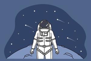 astronauta en traje espacial explorar planeta en universo Mira en espacio lleno de estrellas. cosmonauta o astronauta estar en superficie de luna, tener misión en abierto cosmos. plano vector ilustración.