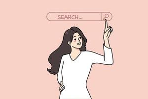 sonriente mujer utilizar buscar página en computadora pantalla táctil buscar para información. mujer de negocios Mira para datos en línea con web buscando hojeada línea. Copiar espacio. vector ilustración.