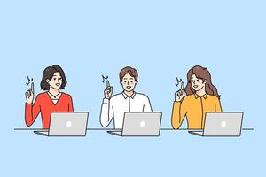 Smiling diverse people working on computer online brainstorm generate creative idea. Happy men and women use laptops think of good innovation. Remote internet job. Vector illustration.