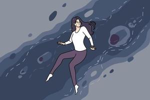 Anxious young woman wander through unknown risky area. Scared girl in dangerous space searching for something. Risk and challenge concept. Flat vector illustration.