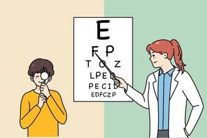 Happy caring female doctor check sight of small boy child in hospital. Woman ophthalmologist examine eyesight of little kid in clinic. Healthcare and medicine concept. Vector illustration.