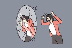 Furious young woman shot yell at mirror reflection, shaming and blaming. Angry man female suffer from mental or psychological problems. Self-judgement and criticism. Vector illustration.