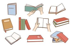 conjunto de libros para colegio o Universidad estudiando. colección de personas estudiantes leer libros de texto preparar para examen. autoeducación y aprendizaje concepto. literatura manojo. plano vector ilustración.