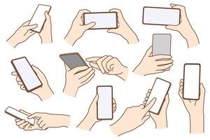 Set of people hold smartphone gadget with mockup screen use internet or social media. Collection of person user with cellphone browse surf modern device. Technology. Vector illustration.