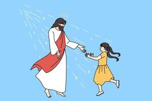 Loving Jesus stretch hand meet smiling small girl child show care. Father Christ with little kid demonstrate support. Faith and religion concept. Christianity believer. Flat vector illustration.