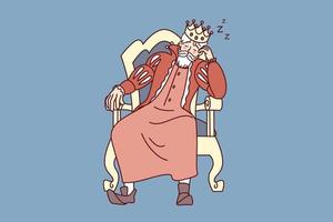 Bored king with crown on head fall asleep in chair. Tired monarch sleeping in armchair. Exhaustion and fatigue. Vector illustration.