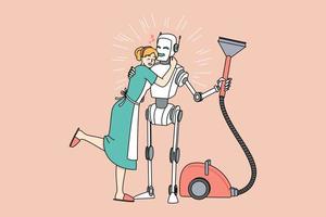 contento ama de casa abrazo robot asistente agradeciendo para ayuda. sonriente esposa abrazo robótico virtual ayudante con vacío limpiador. limpieza interna y nuevo moderno tecnologías. vector ilustración.