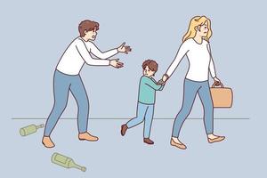 Woman take child leave alcoholic husband. Wife with small kid go away from addicted father. Alcohol addiction and family divorce. Vector illustration.