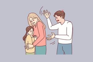 Mother protect child from aggressive father. Woman hide kid from authoritarian husband. Family conflict and domestic violence problem. Vector illustration.