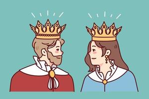 Rey y reina en mantos y coronas Mira a cada otro. miembros de real familia en túnicas realeza y monarquía. vector ilustración.