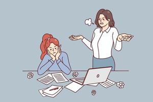 Furious boss stressed with employee unproductive work in office. Angry businesswoman unhappy with lazy worker at workplace. Vector illustration.