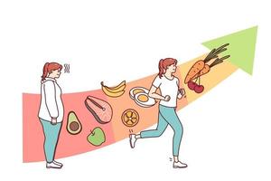 joven mujer comiendo sano y formación siguiendo salud estilo de vida. niña perder peso hacer Deportes esforzarse para bueno cuerpo forma y bienestar. plano vector ilustración.