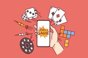 Hand holding smartphone with online gaming applications. Person addicted to internet games on cellphone. Gambling and addiction concept. Vector illustration.