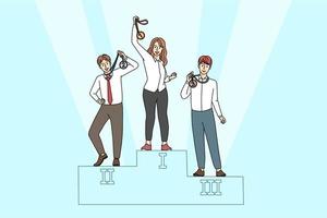 Smiling confident businesswoman show medal stand on pedestal, colleagues aside. Happy woman leader win first place. Female winner on podium. Victory and celebration. Vector illustration.