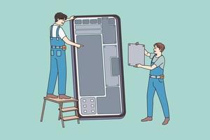 Engineers repair cellphone install software on modern device. Male employees fix broken smartphone. Good quality mobile service company. Flat vector illustration.