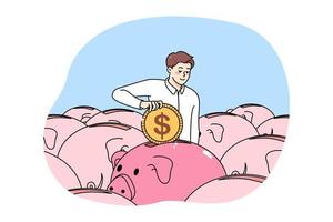 Businessman put coin in piggybank invest for future. Happy man employee saving money in piggy bank, manage budget and finances. Banking and financial stability. Vector illustration.