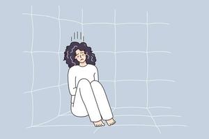 Unhappy sick woman in straitjacket sit on floor in psychiatric clinic suffer from mental disorder. Upset ill female patient or madhouse struggle with psychiatric issues. Vector illustration.