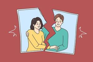 Torn picture of smiling couple show end of romantic relationship. Concept of breakup and divorce. Marriage dissolution and separation. Ex-couple relation photography. Vector illustration.