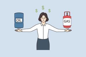 sonriente exitoso mujer de negocios vender petróleo y gas barriles a cliente. confidente hembra empleado comparar natural recursos precios. combustible y petróleo concepto. vector ilustración.