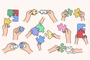 Collection of people hands holding connection jigsaw puzzles engaged in hobby activity. Set of person join puzzle find best solution or answer. Problem solving. Game and hobby. Vector illustration.